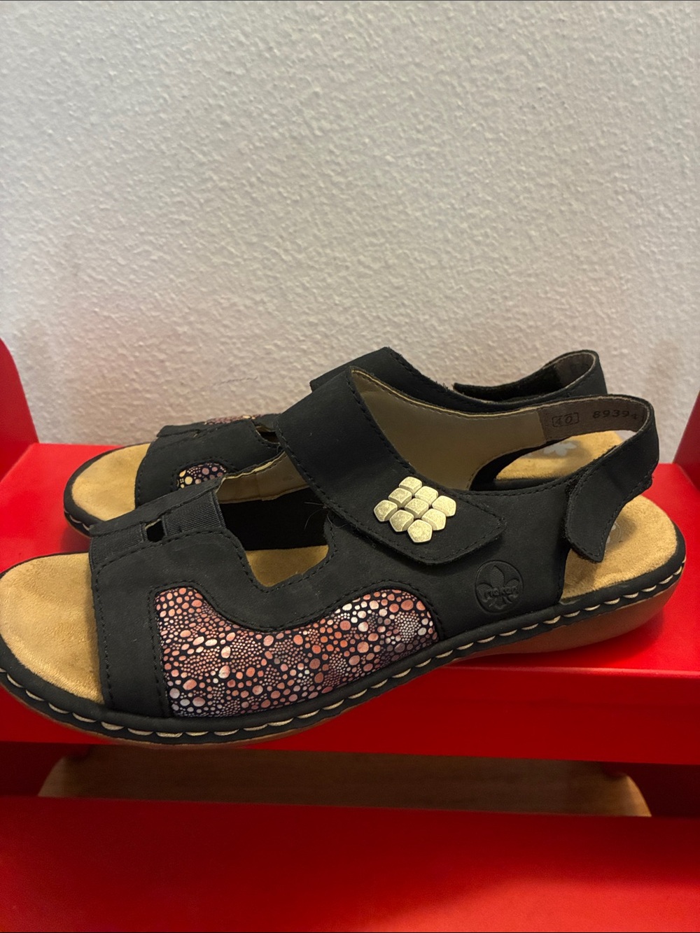 Rieker Black Sandals with Pink Patterned Panels Size 40